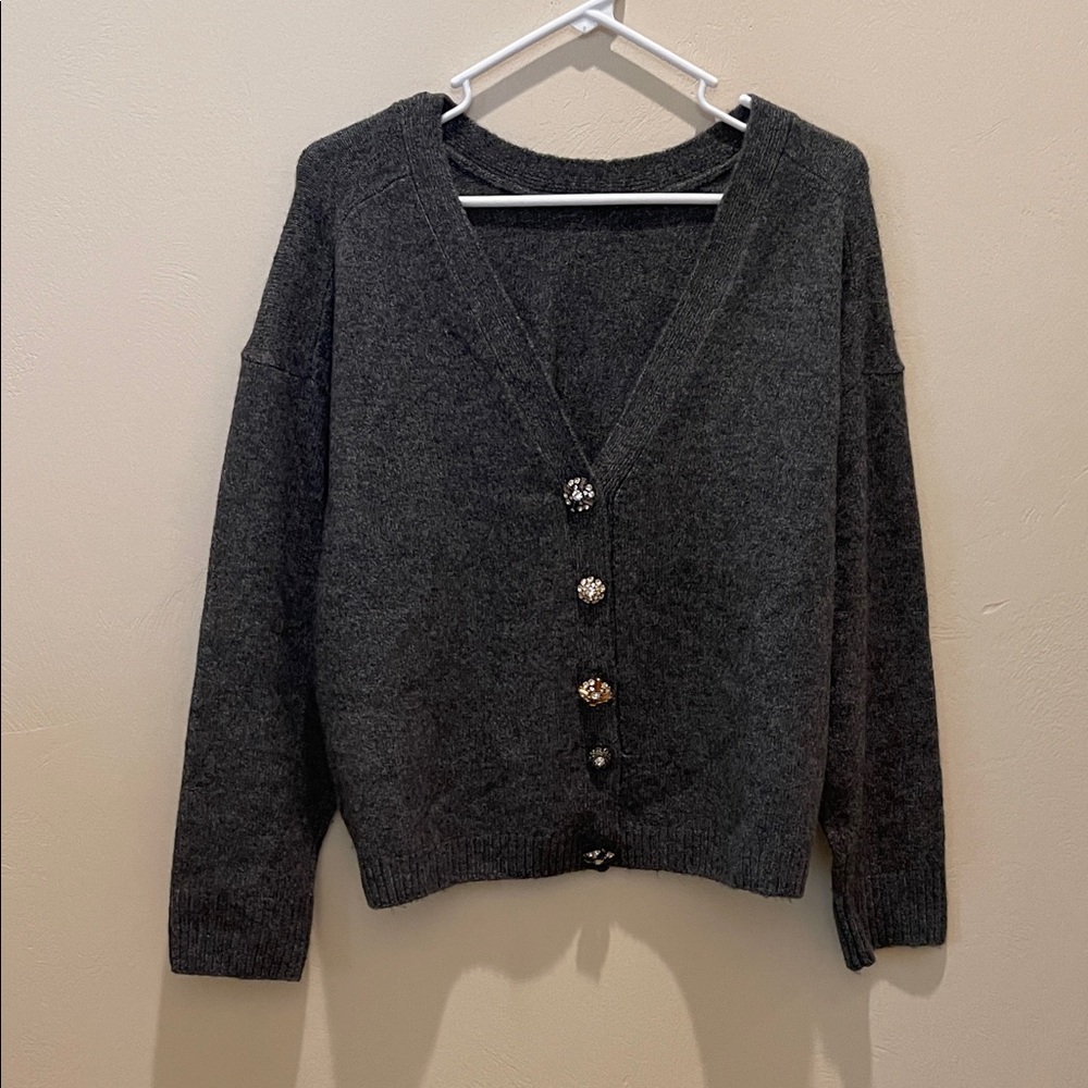 CeCe Charcoal Cardigan with Four Different Rhinestone Buttons